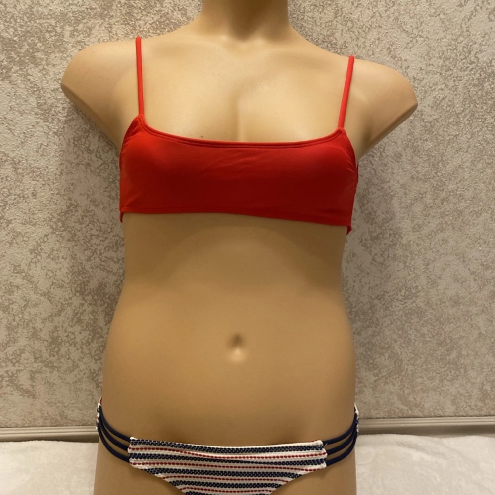 Chic Red Bikini Set with Striped Bottom